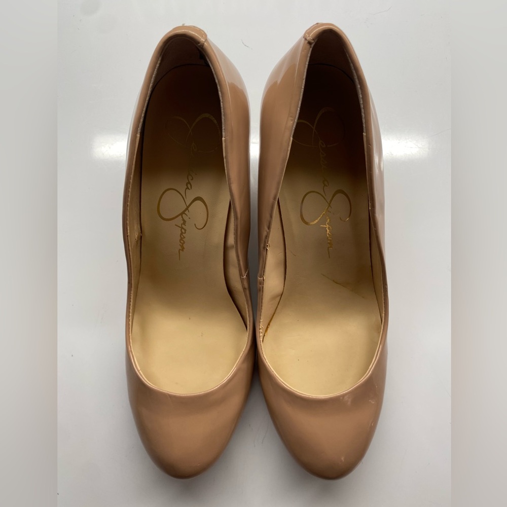 Jessica Simpson Nude Patent Leather Round Toe Wedge Heels 9/39 J - Picture 3 of 4